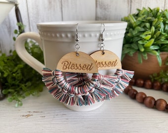 Blessed Fringe Earrings - dangle statement wood favor gift hoop boho