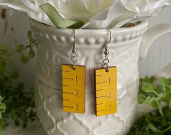 Ruler earrings - dangle statement school teacher lightweight wood yellow pink
