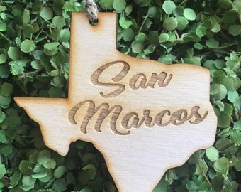 San Marcos Texas Tag Ornament - City hometown TX souvenir keepsake memory state 2020 wood laser engraved skyline welcome gift home
