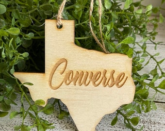 Converse Texas Tag Ornament - City hometown TX souvenir keepsake memory state wood laser engraved skyline welcome gift home small town