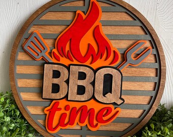 BBQ wood sign - Grilling Cooking home decor red orange stained black round wreath sign