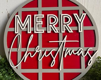 Modern Merry Christmas wood sign - Modern minimalist unfinished cut out door hanger wall decor craft supply sign kit blanks round wreath