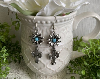 Cactus Earrings - Aztec country western fiesta dangle statement favor gift colorful party lightweight