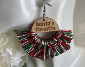 Christmas Fringe Earrings - Santa’s Favorite Merry dangle statement wood favor gift hoop boho jolly