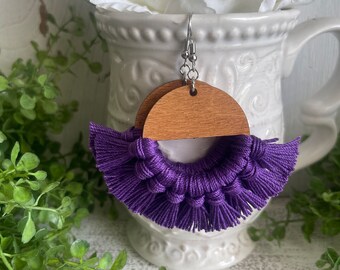 Purple Fringe Earrings - dangle statement wood favor gift hoop boho oak stain sports team spirit mom fan