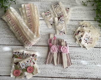 Fabric Fiber ephemera set - clusters shabby chic mixed media embellishment craft supply gift yellow green muslin trim