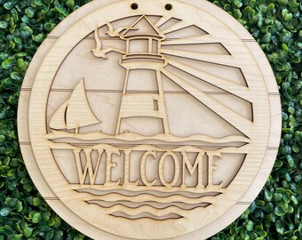 Lighthouse DIY wood sign - Welcome boating compass nautical unfinished cut out door hanger wall decor craft supply kit blanks round wreath