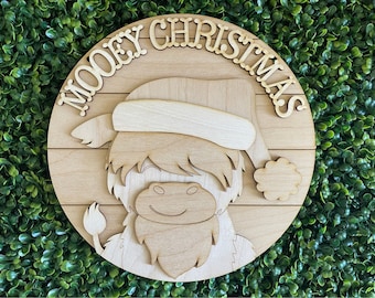Highland Cow DIY sign - Mooey Christmas santa farm ranch cattle home decor door hanger wreath supply wreath center blank livestock
