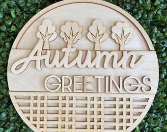 DIY Fall wood sign - Autumn Greetings unfinished cut out door hanger wall decor craft supply sign kit blanks round wreath sign