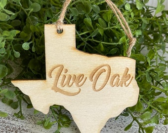 Live Oak Texas Tag Ornament - City hometown TX souvenir keepsake memory state wood laser engraved skyline welcome gift home small town