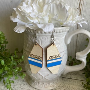 Dodgers earrings - white blue dangle statement wood USA America Patriotic handmade jewelry