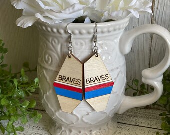 Braves earrings - red white blue dangle statement wood USA America Patriotic handmade jewelry