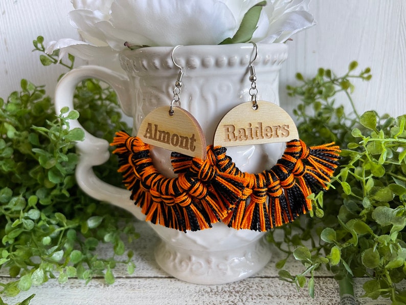 Custom Fringe earrings dangle statement wooden football team spirit jewelry high school tassel jewelry little league homecoming image 6