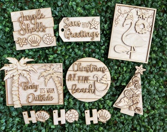 Tropical Christmas DIY wood tiered tray set- unfinished cut out door hanger wall decor craft supply sign kit blanks round wreath sign