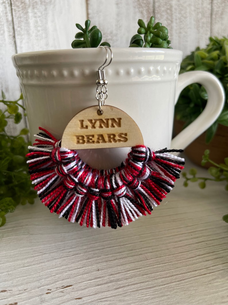 Custom Fringe earrings dangle statement wooden football team spirit jewelry high school tassel jewelry little league homecoming image 4