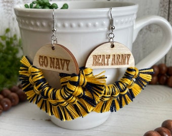 Go Navy Beat Army earrings - dangle statement fringe wood Navy yellow gold patriotic USA heroes