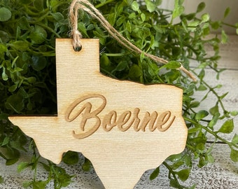 Boerne Texas Tag Ornament - City hometown TX souvenir keepsake memory state wood laser engraved skyline welcome gift home small town