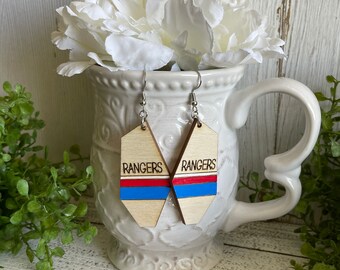 Rangers earrings - red white blue dangle statement wood USA America Patriotic handmade jewelry