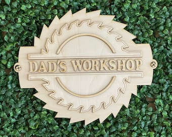Father’s Day DIY wood sign - Dads Workshop unfinished cut out door hanger wall decor craft supply sign kit blanks round wreath sign