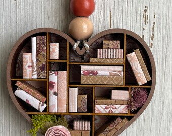 Miniature Bookcase heart - book décor bookshelf cottagecore faux books boho minimalist handmade unique gift library office floral pink craft