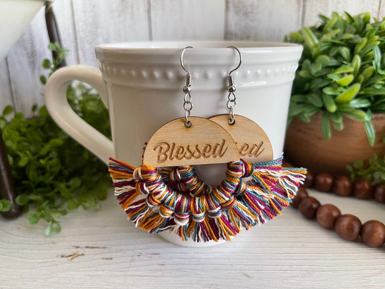 Blessed Fringe Earrings dangle statement wood favor gift hoop boho image 3