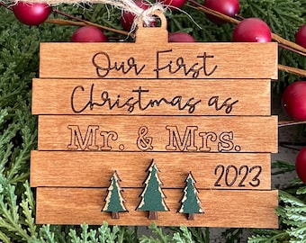 Mr & Mrs Ornament - First Christmas Married Wedding Bride Groom gift keepsake memory newlywed rustic country wood