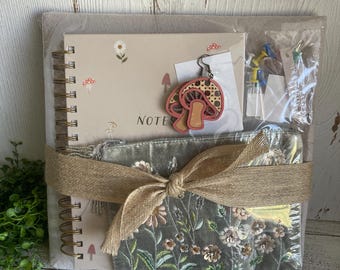 Mushroom Gift Set - memo board journal earrings floral pouch - Dorm decor college going away present care package back to school