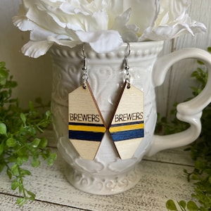 Brewers earrings - yellow blue dangle statement wood USA America Patriotic handmade jewelry