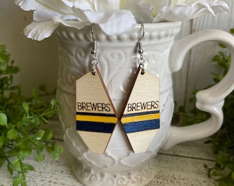 Brewers earrings - yellow blue dangle statement wood USA America Patriotic handmade jewelry