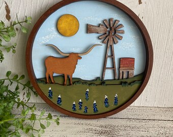 Longhorn wood sign shelf sitter - round leaner multi layer home decor Western Cowboy Farmer oil Texas windmill cactus