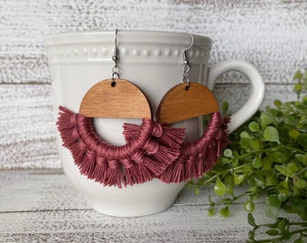Antique Rose Fringe Earrings - dangle statement wood favor gift hoop boho minimalist