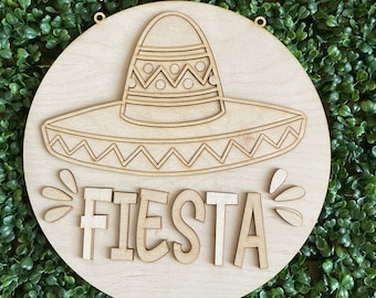 DIY wood sign - Fiesta unfinished cut out door hanger wall decor craft supply sign kit blanks round wreath sign