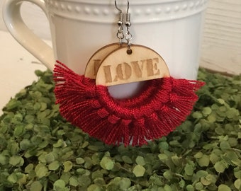 Red Love Fringe Earrings - dangle statement wood favor gift hoop boho love kisses valentine sexy