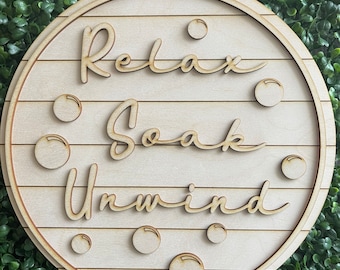 Bath DIY wood sign - relax soak bathroom tub shower unfinished cut out door hanger wall decor craft supply sign kit blanks round wreath sign