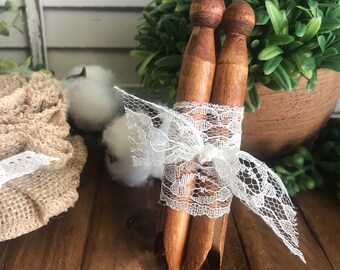 Wooden clothespin bundle - shabby vintage inspired tiered tray vignette decor lace pegs