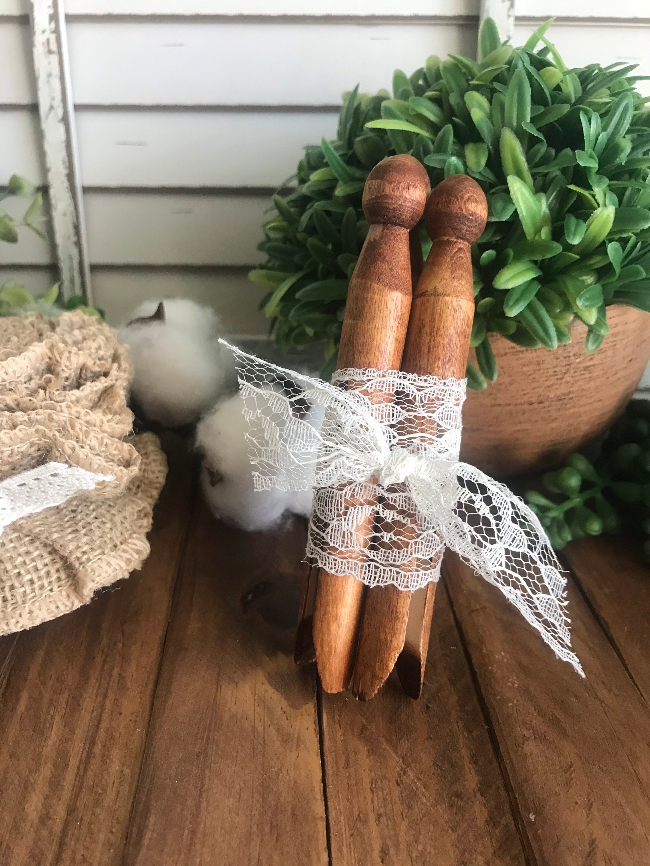 Wooden Clothespin Bundle Shabby Vintage Inspired Tiered Tray Vignette Decor  Lace Pegs 