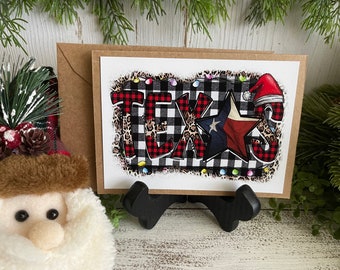 Texas Greeting Card - Blank note card Lone Star State Texan TX Longhorn Christmas Merry Santa hat buffalo check black white