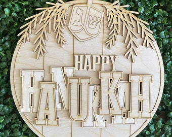Hanukkah DIY wood sign - Happy Hanukkah unfinished cut out door hanger wall decor craft supply sign kit blanks round wreath sign