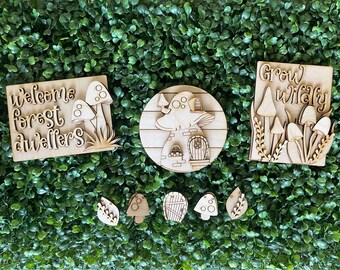 Mushroom DIY Tiered Tray set -  unfinished cut out door hanger wall decor craft supply sign kit blanks wreath sign