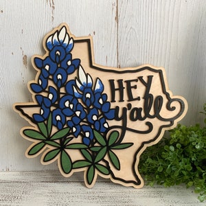 Texas Bluebonnet wood sign - Hey Y’all door hanger wall decor shelf sitter craft supply round wreath floral