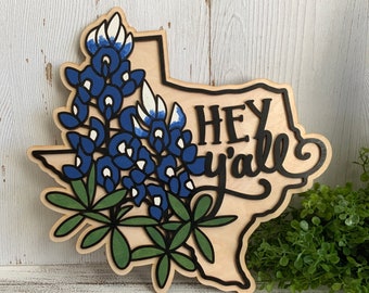 Texas Bluebonnet wood sign - Hey Y’all door hanger wall decor shelf sitter craft supply round wreath floral gift
