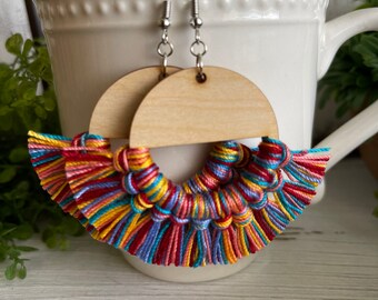 Masquerade Fringe Earrings - dangle statement wood favor gift hoop boho wine handmade jewelry