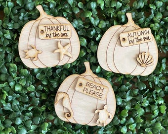 Coastal Fall DIY mini cut outs - Thanksgiving Nautical Coastal Sea Ocean coral seahorse shells tiered tray vignette wood sign rustic floral