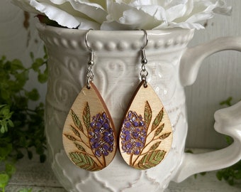 Floral Statement Dangle Earrings - purple flowers Salvia Catmint Lavender wild indigo green leaves