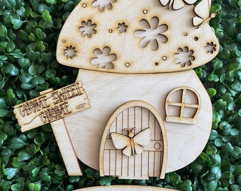 Mushroom house DIY wood shelf sitter - Spring standing unfinished cut out home decor craft supply sign kit blanks sign gnome