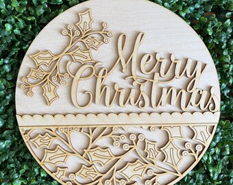 Christmas Holly DIY wood sign - unfinished cut out door hanger wall decor craft supply sign kit blanks round wreath sign