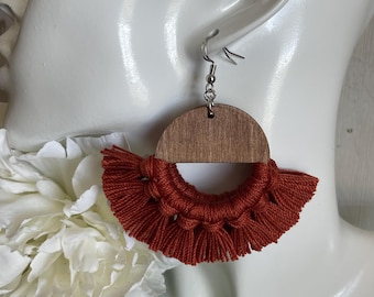 Fall Fringe Earrings - Copper burnt orange dangle statement wood favor gift hoop boho autumn