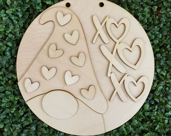 Valentine DIY wood sign - Gnome XOXO hearts unfinished cut out door hanger wall decor craft supply kit blanks round wreath sign