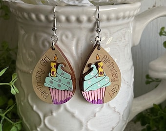 Birthday earrings - Wood dangle statement hand painted outfit accessories cake cupcake