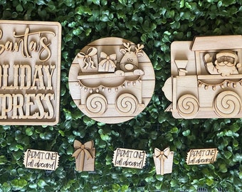 Christmas DIY wood tiered tray set- Santa Train Express unfinished cut out door hanger wall decor craft supply sign kit blanks wreath sign